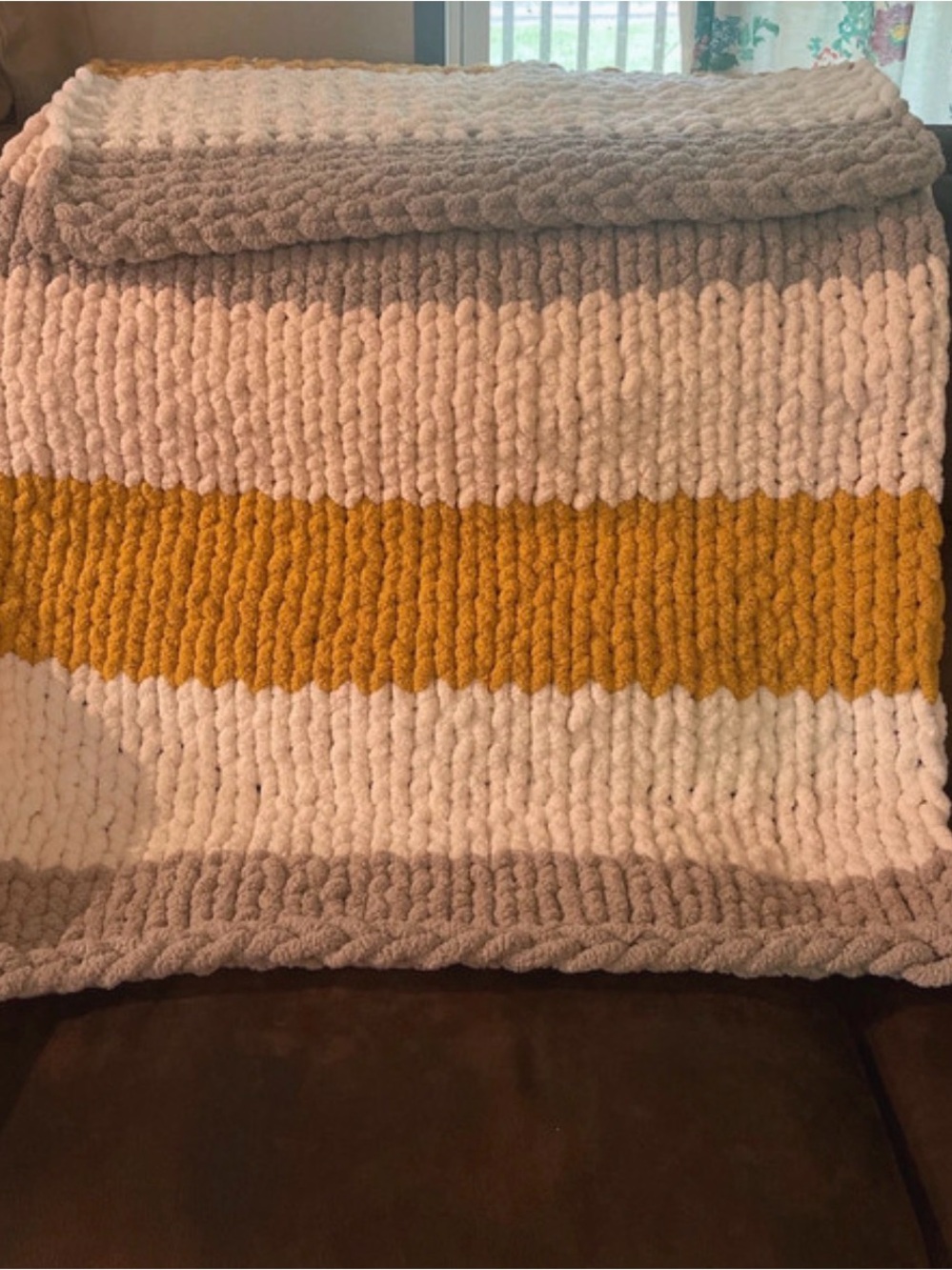Handmade Chunky Knit Throw Blanket - Mustard Stripe with Cream & Taupe